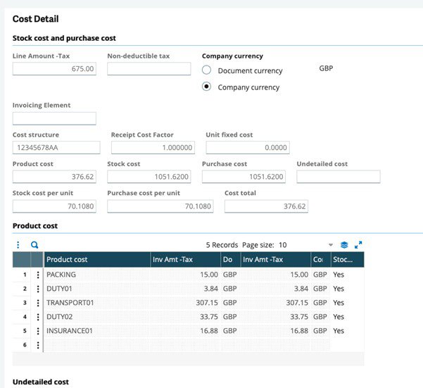 Sage X3 screenshot Cost Detail Sage X3 screenshot of Cost Detail