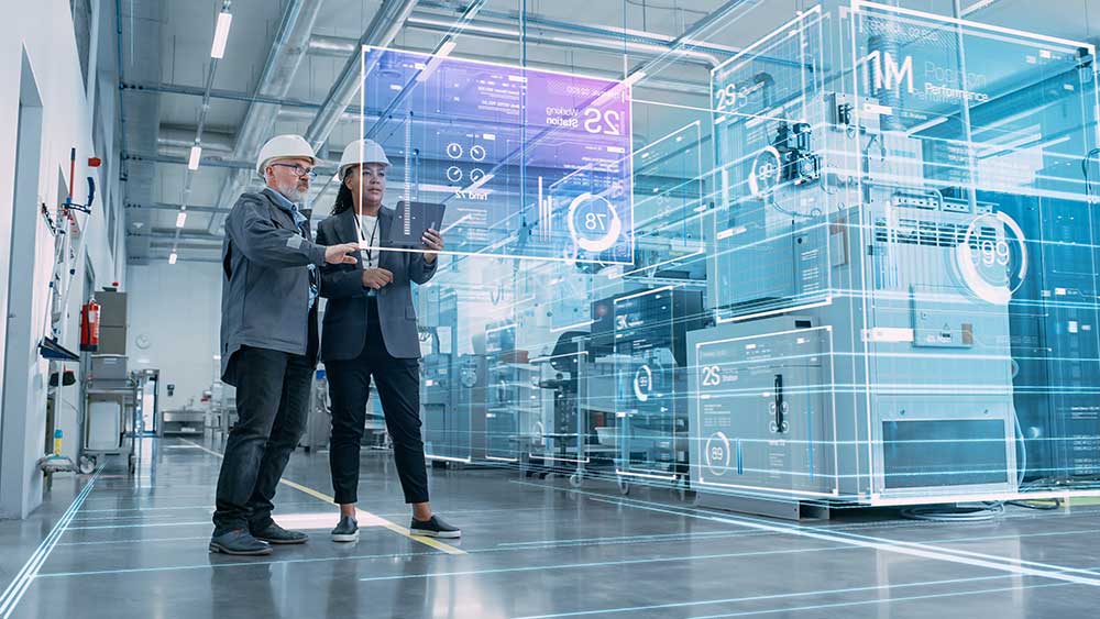 Manufacturing digital transformation - man and woman in digital factory