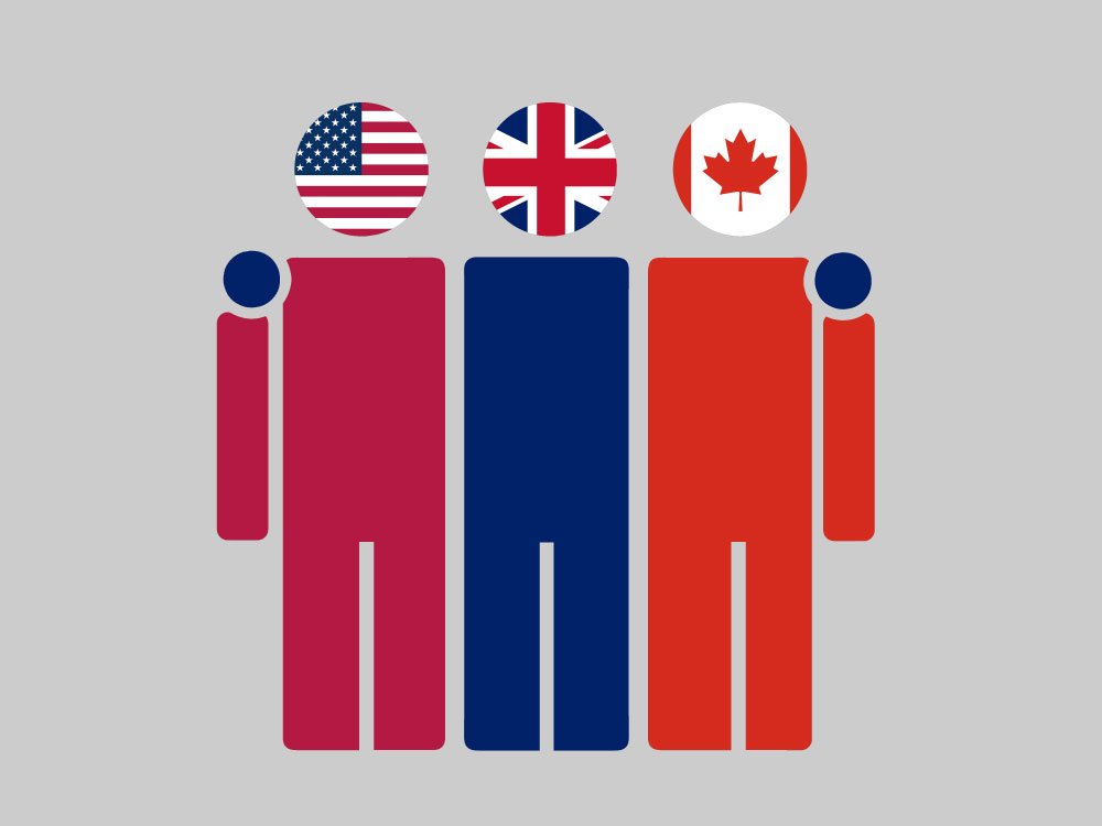 Sage X3 partner North America - vector image of people with US, UK, Canada flags as heads