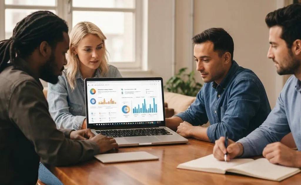 Diverse professionals collaborating on project management in a modern office