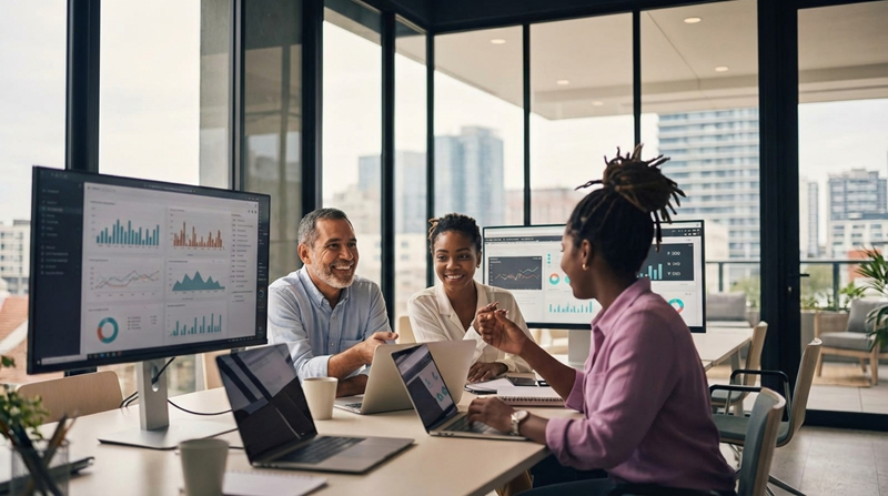 happy-accountants-using-Sage Sage Intacct financial team looking successful and happy