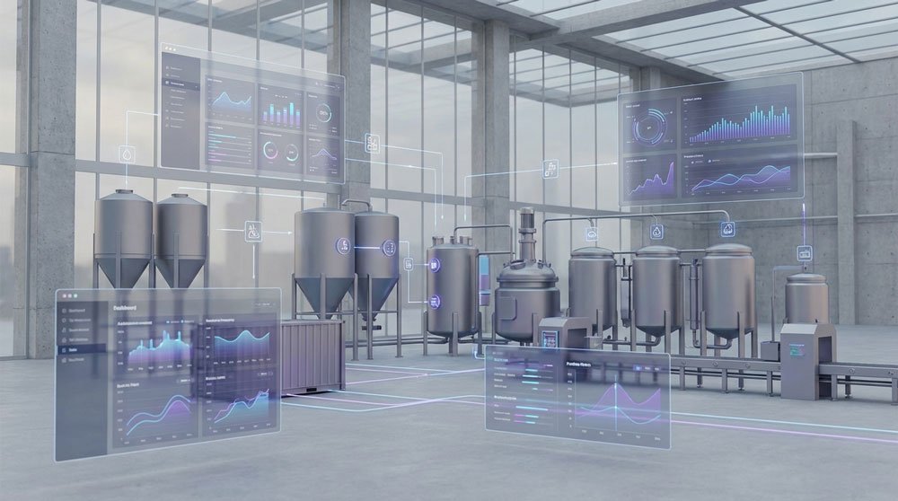 Chemicals-ERP-AI-Image—web Concept image showing Inventory, Production & Data-Driven Decisions