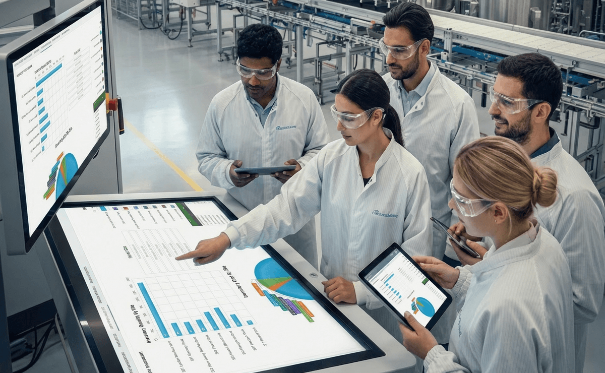 A team in a chemical manufacturing facility reviewing data on a Sage X3 system screen.