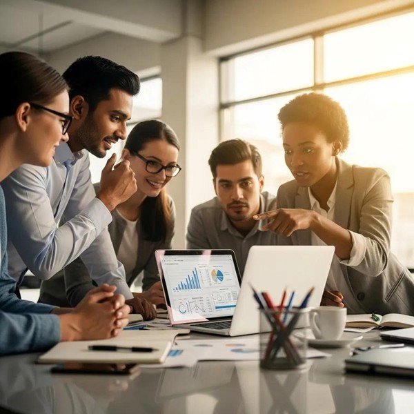 Intacct article 2 1 Grop of business people gathered around a laptop with Sage Intacct