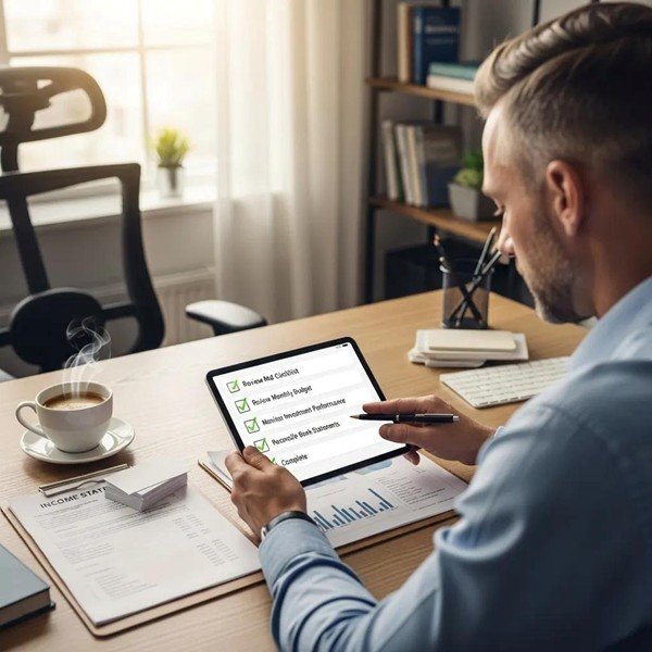Intacct article 2 2 A business person looking at a tablet with a Sage Intacct screen