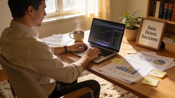 Picture1 Sage Intacct Reporting - Man at desk looking at laptop and print outs