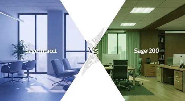 Comparison of Sage Intacct and Sage 200 with contrasting office environments divided by a central "VS" graphic