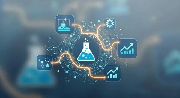 Chemical flask at center, connected to icons symbolizing productivity, innovation, and growth graphs on a digital backdrop