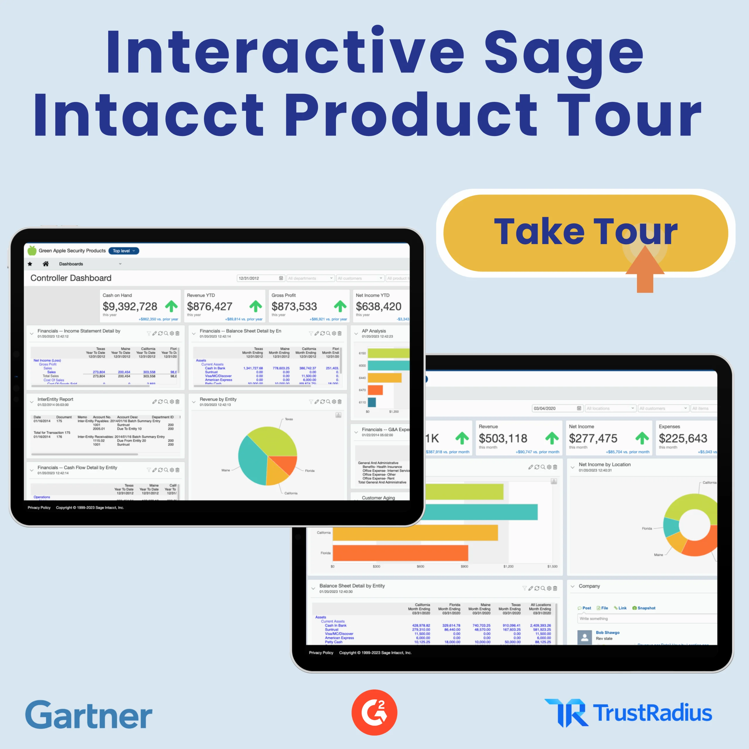 Interactive Sage Intacct Product Tour. Features dashboards and charts. Buttons: "Take Tour." Logos: Gartner, TrustRadius