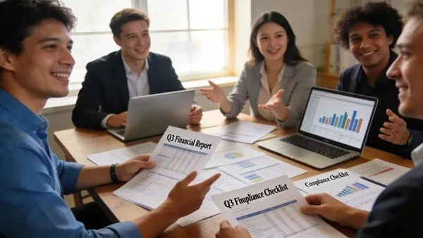 Picture2 Five people in a meeting discussing financial documents labeled Q3 Financial Report and Compliance Checklist