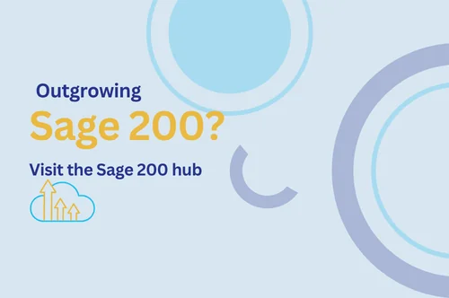 image for sage 200 hub webaite (1) Outgrowing Sage 200? Visit the Sage 200 hub. Blue and yellow text with circular design elements and growth icon